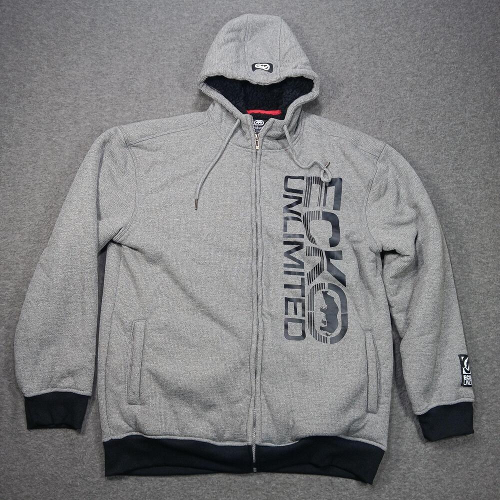 Ecko Unltd Hoodie Mens XL Gray Full Zip Sherpa Lined Fleece Sweatshirt Logo
